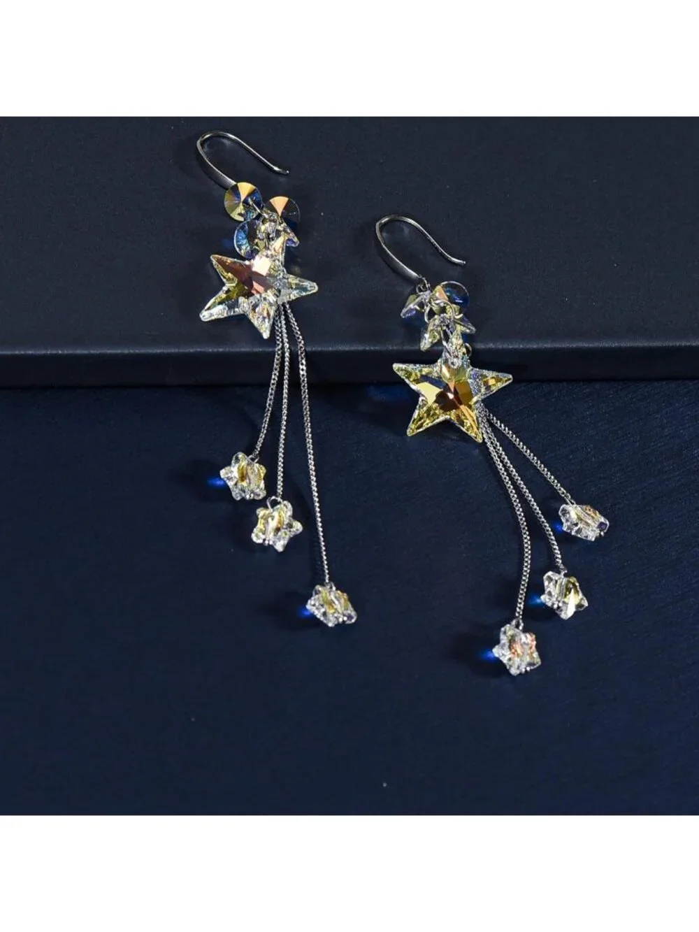 Handmade 925 Sterling Silver Star Drop Earrings with Aurora Borealis Crystals